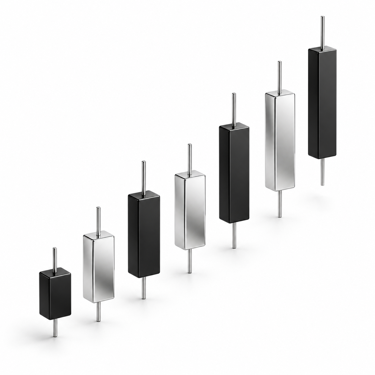 Composición conceptual de velas de trading en negro y plata